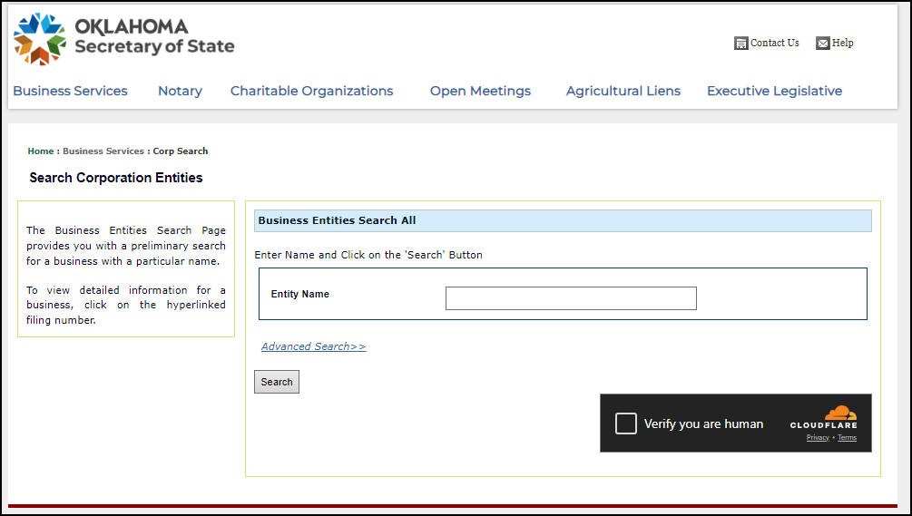 Oklahoma Business Entity Search Page