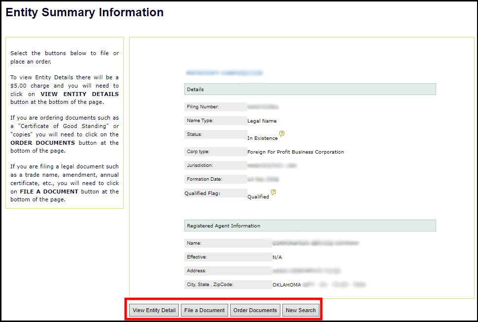 Oklahoma Business Entity Summary Information & Additional Actions