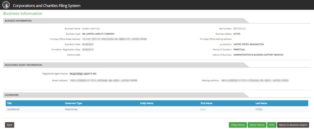 Washington Corporation Entity Information