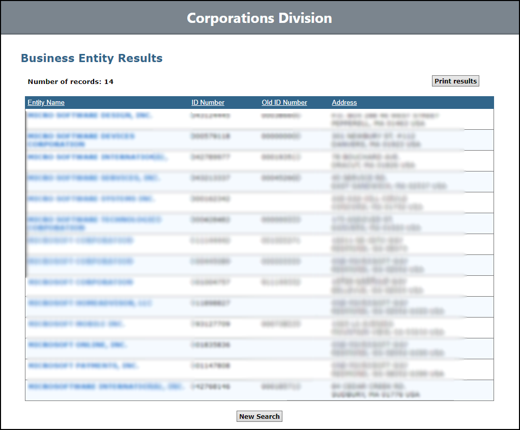 Massachusetts Business Search Results