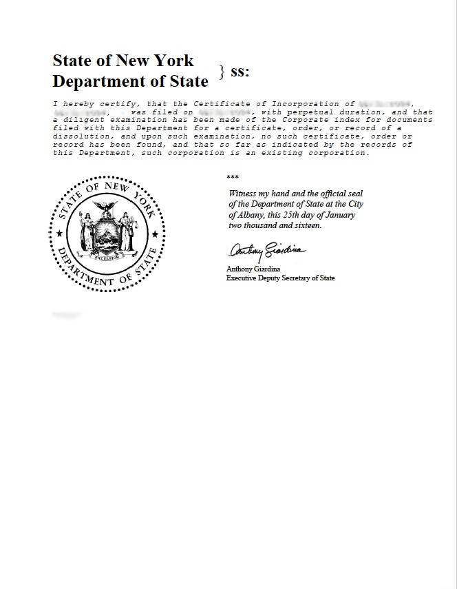 Example Certificate of Good Standing New York