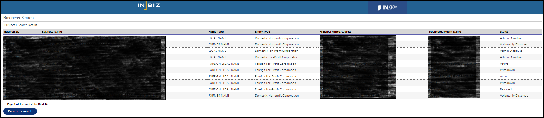 Indiana (INBiz) Business Search Result