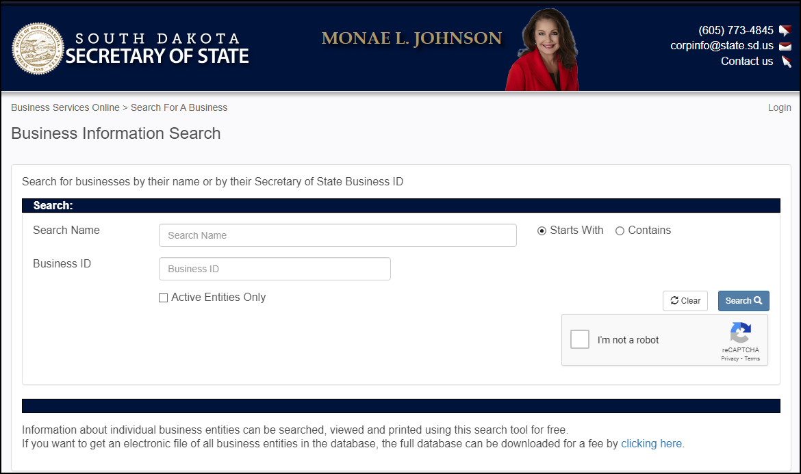 South Dakota Secretary Of State Business Entity Search Page