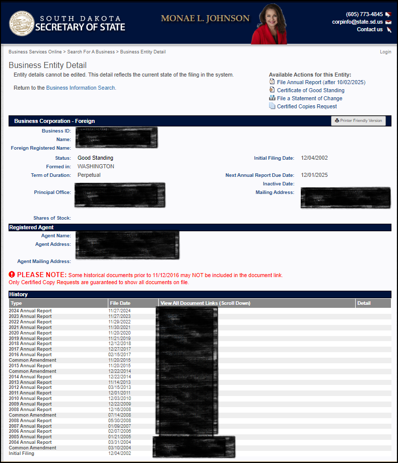 South Dakota Business Entity Detail Page