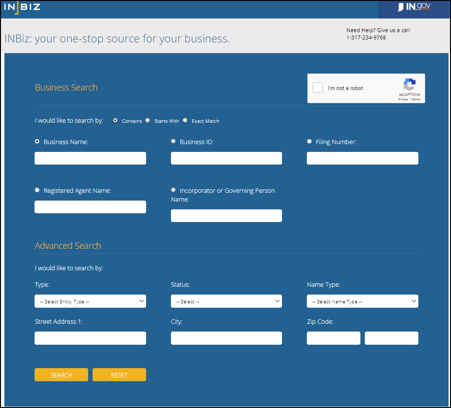 Indiana (INBiz) Business Search Webpage