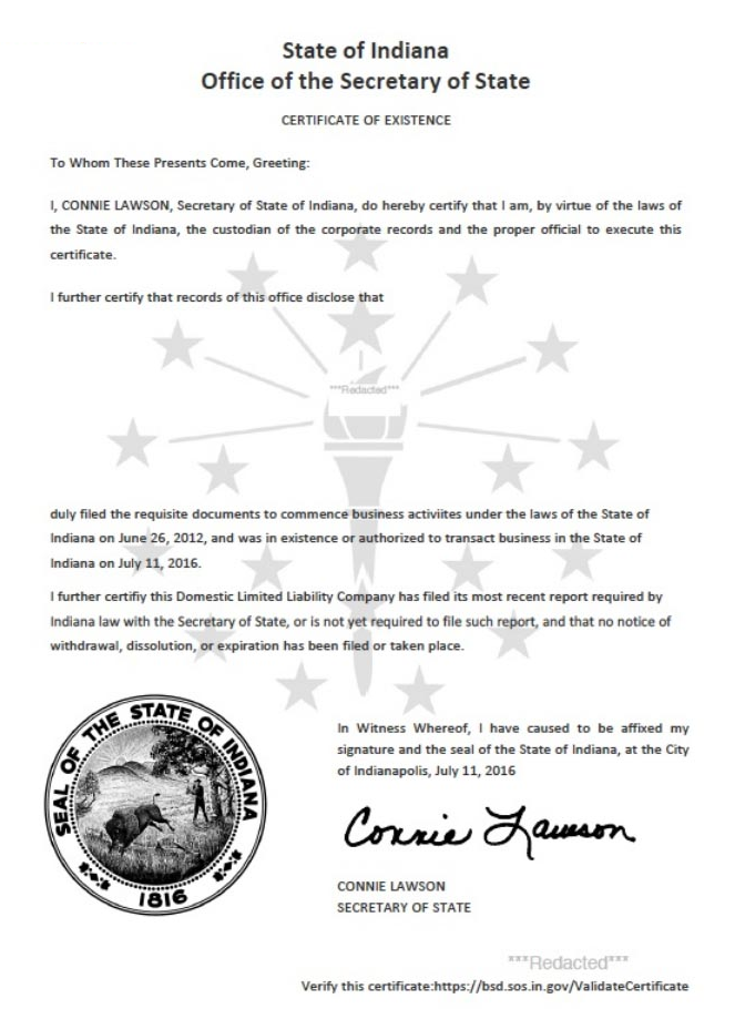 Indiana Certificate of Existence