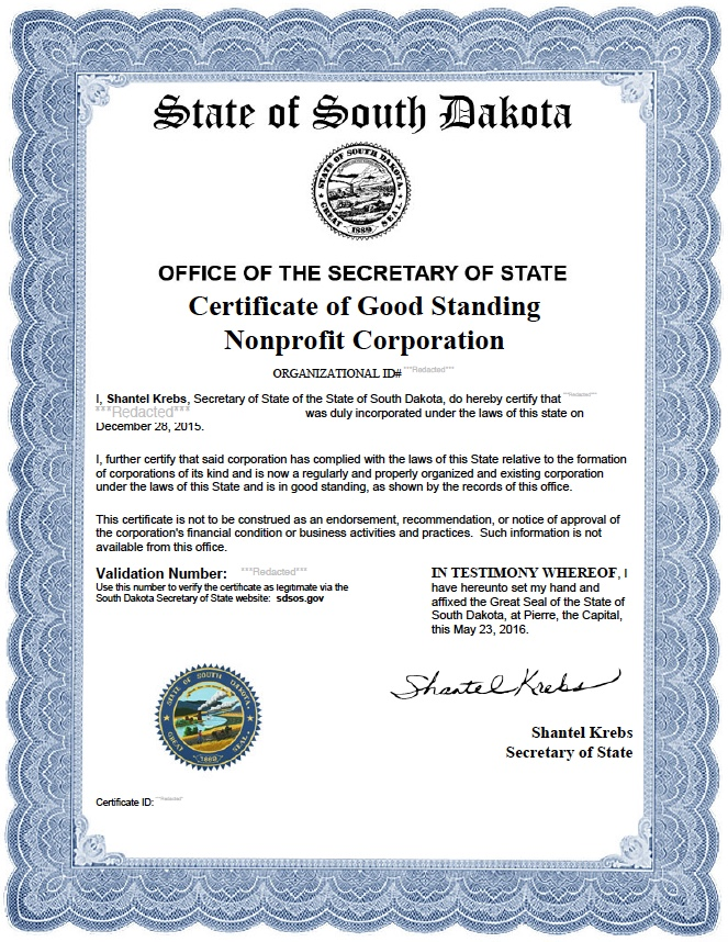 South Dakota Certificate of Good Standing